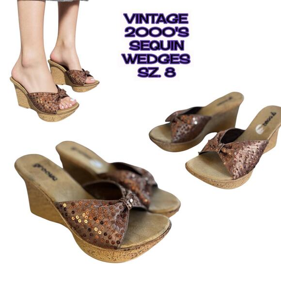 Y2K VTG. BROWN SEQUIN PLATFORM WEDGE HEELS SANDALS GROOVE SZ. 8 - Picture 1 of 8
